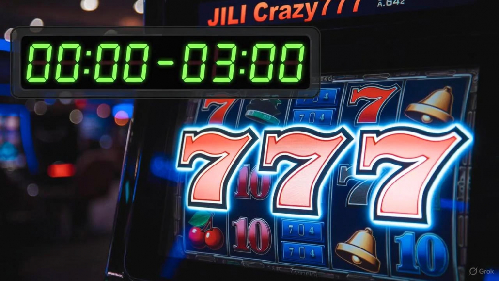 ภาพบอกช่วงเวลาแตกดีของเกมสล็อต JILI Crazy777 ระหว่างเวลา 00:00–03:00 พร้อมนาฬิกาดิจิทัลและเครื่องสล็อตขึ้น 777 เน้นข้อมูลผู้เล่นจริงว่าเกมแตกหนักตอนดึก เหมาะสำหรับสายปั่นที่ต้องการทำกำไร