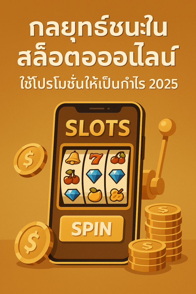 ภาพโปรโมทกลยุทธ์ชนะในสล็อตออนไลน์ ใช้โปรโมชั่นให้เป็นกำไร 2025 สีทองหรูหรา มีโทรศัพท์มือถือแสดงเกมสล็อต เหรียญทอง และบรรยากาศคาสิโนทันสมัย