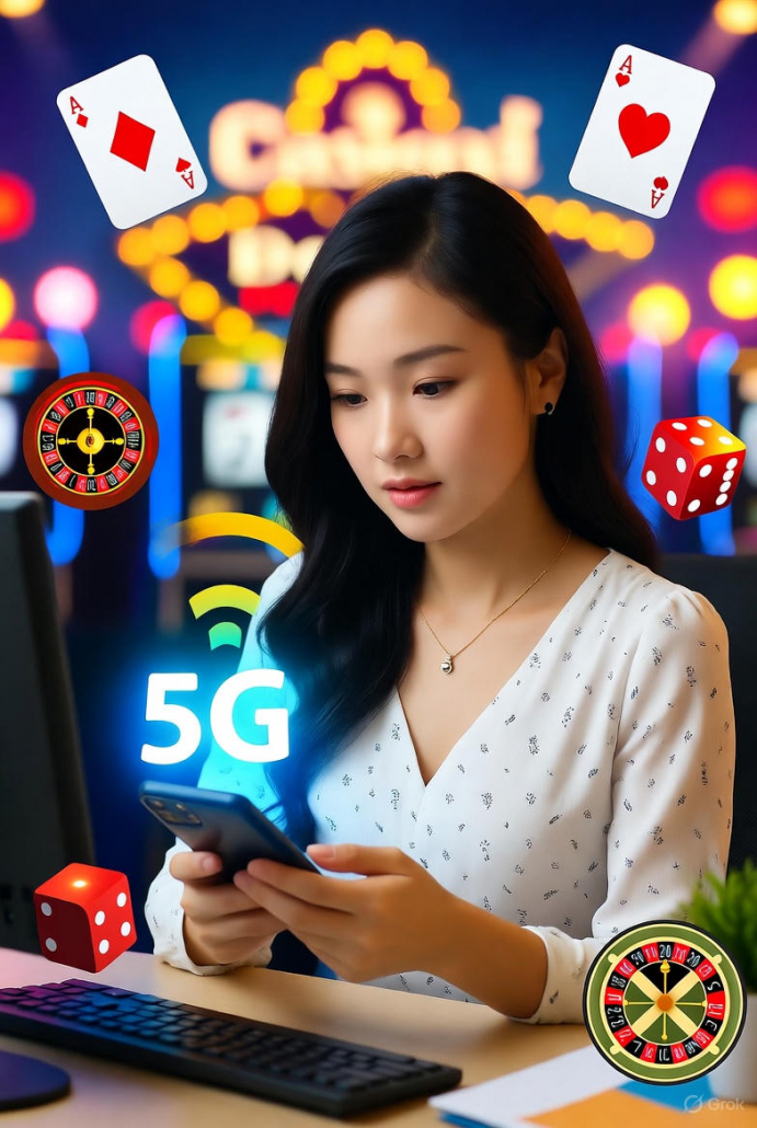 สาวไทยสวยใช้สมาร์ทโฟนเล่นเว็บพนันออนไลน์ 2568 ผ่าน 5G ความเร็วสูง พื้นหลังคาสิโนหรู ลูกเต๋า รูเล็ต และป้าย Casino สร้างรายได้เสริมง่ายๆ จากบ้าน