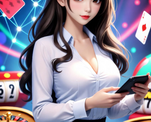 สาวออฟฟิศสวยเล่นเว็บพนันบนมือถือในยุคออนไลน์ 2568 ด้วยสัญญาณ 5G รอบตัวมีไพ่ รูเล็ต และสล็อตสีสันสดใส โอกาสหาเงินเสริมจากคาสิโนออนไลน์