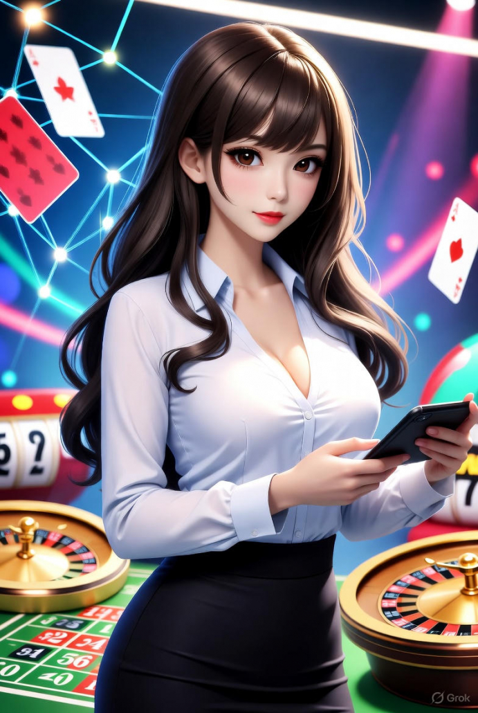 สาวออฟฟิศสวยเล่นเว็บพนันบนมือถือในยุคออนไลน์ 2568 ด้วยสัญญาณ 5G รอบตัวมีไพ่ รูเล็ต และสล็อตสีสันสดใส โอกาสหาเงินเสริมจากคาสิโนออนไลน์