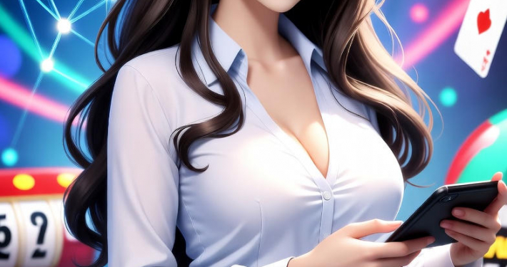 สาวออฟฟิศสวยเล่นเว็บพนันบนมือถือในยุคออนไลน์ 2568 ด้วยสัญญาณ 5G รอบตัวมีไพ่ รูเล็ต และสล็อตสีสันสดใส โอกาสหาเงินเสริมจากคาสิโนออนไลน์