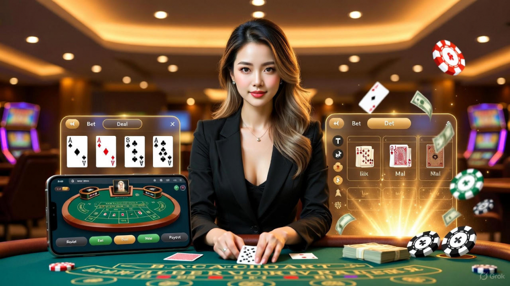 ภาพโปรโมทบาคาร่าเว็บตรง พร้อมดีลเลอร์สาวแจกไพ่แบบไลฟ์สด แสดงบรรยากาศคาสิโนออนไลน์ระดับพรีเมียม เหมาะสำหรับบทความเกมออนไลน์ได้เงินจริง 2025