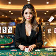 ภาพโปรโมทบาคาร่าเว็บตรง พร้อมดีลเลอร์สาวแจกไพ่แบบไลฟ์สด แสดงบรรยากาศคาสิโนออนไลน์ระดับพรีเมียม เหมาะสำหรับบทความเกมออนไลน์ได้เงินจริง 2025