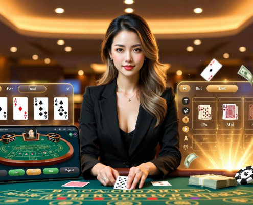 ภาพโปรโมทบาคาร่าเว็บตรง พร้อมดีลเลอร์สาวแจกไพ่แบบไลฟ์สด แสดงบรรยากาศคาสิโนออนไลน์ระดับพรีเมียม เหมาะสำหรับบทความเกมออนไลน์ได้เงินจริง 2025