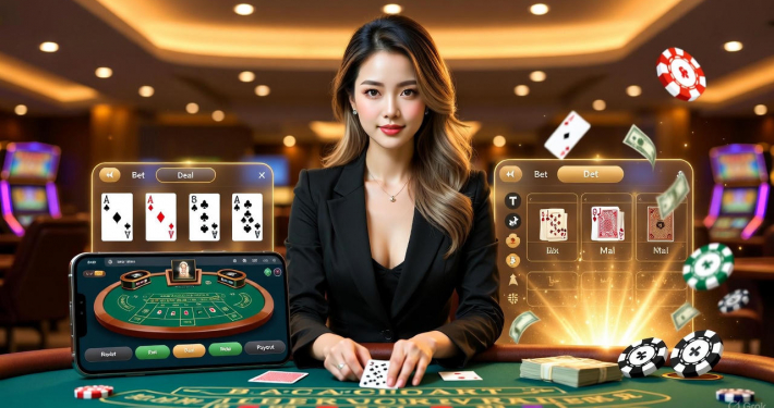 ภาพโปรโมทบาคาร่าเว็บตรง พร้อมดีลเลอร์สาวแจกไพ่แบบไลฟ์สด แสดงบรรยากาศคาสิโนออนไลน์ระดับพรีเมียม เหมาะสำหรับบทความเกมออนไลน์ได้เงินจริง 2025