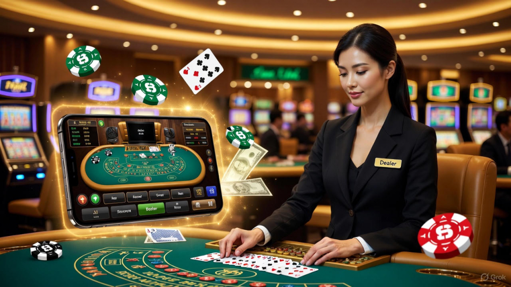 ภาพโปรโมทบาคาร่าเว็บตรง พร้อมดีลเลอร์สาวแจกไพ่แบบไลฟ์สด แสดงบรรยากาศคาสิโนออนไลน์ระดับพรีเมียม เหมาะสำหรับบทความเกมออนไลน์ได้เงินจริง