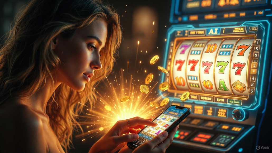 สล็อต AI ผู้หญิงถือมือถือเล่นเกมสล็อต สัญลักษณ์โบนัสแตกและเงินไหลออกมา บรรยากาศเหมือนได้เงินจริง