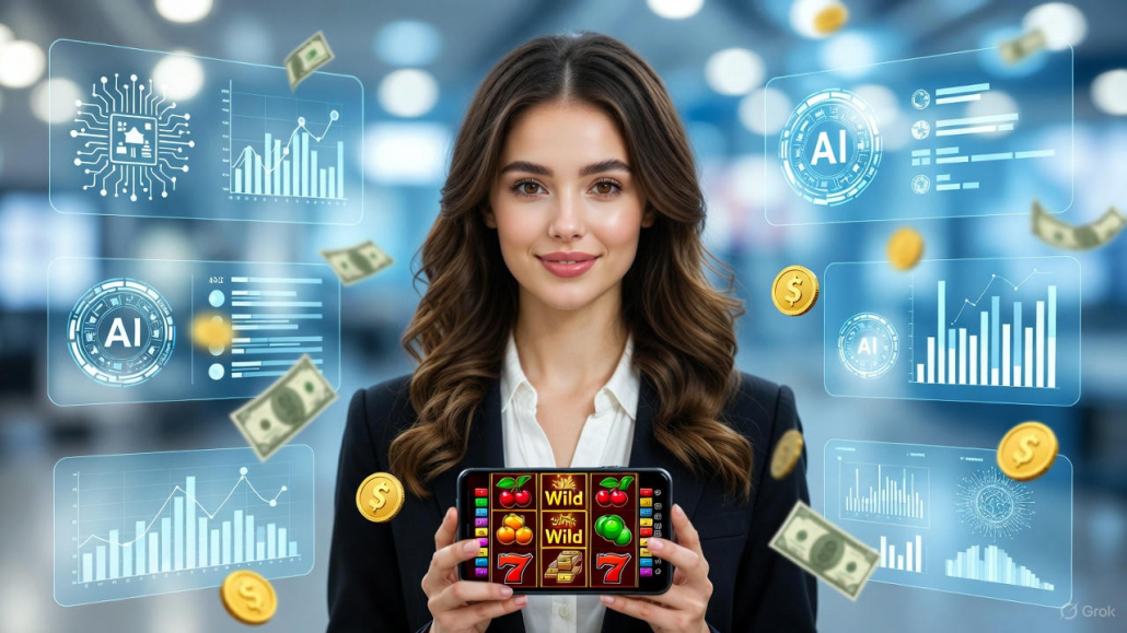 สล็อต AI ผู้หญิงยืนข้างตู้สล็อตในคาสิโนพร้อมเอฟเฟกต์แจ็คพอต เหรียญทองกระจาย สื่อถึงการทำกำไรจากเกมสล็อต