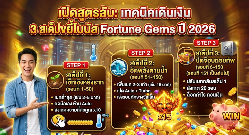 สูตรเดินเงิน 3 สเต็ป Fortune Gems ค่าย JILI ทดลองเล่นฟรี