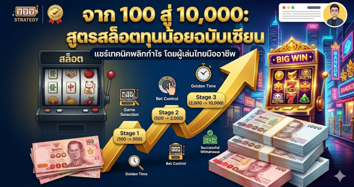 ภาพหน้าปกบทความเทคนิคเล่นสล็อต (Slot) จากทุน 100 สู่ 10,000 บาท แสดงกราฟการเติบโตของกำไรพร้อมธนบัตรไทยและตู้เกมนำโชคในบรรยากาศคาสิโนกรุงเทพฯ