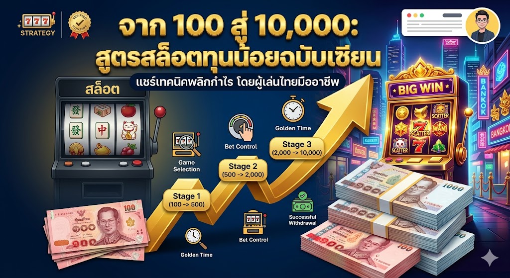 ภาพหน้าปกบทความเทคนิคเล่นสล็อต (Slot) จากทุน 100 สู่ 10,000 บาท แสดงกราฟการเติบโตของกำไรพร้อมธนบัตรไทยและตู้เกมนำโชคในบรรยากาศคาสิโนกรุงเทพฯ